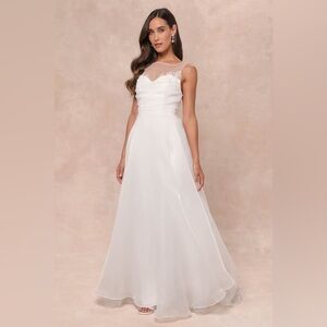 Lulus Yours for Eternity White Organza Embroidered
Pleated Maxi Dress